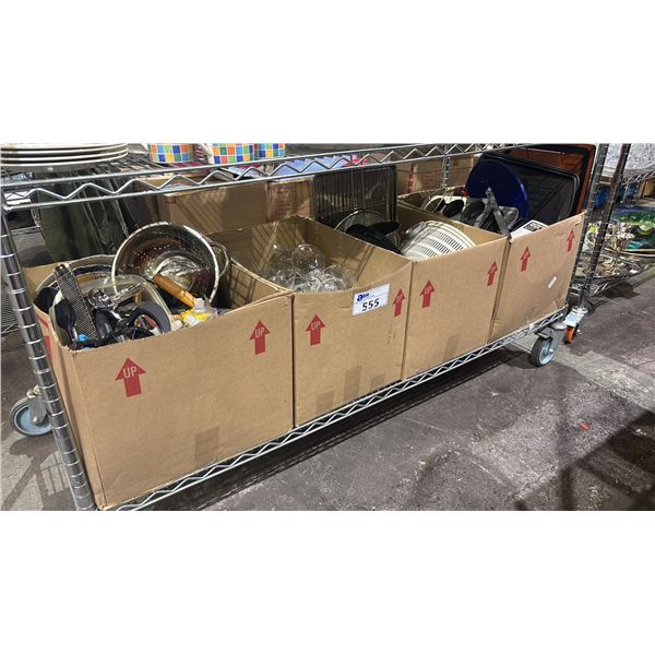 SHELF OF KITCHENWARE - WINE GLASSES, UTENSILS, PANS & MORE