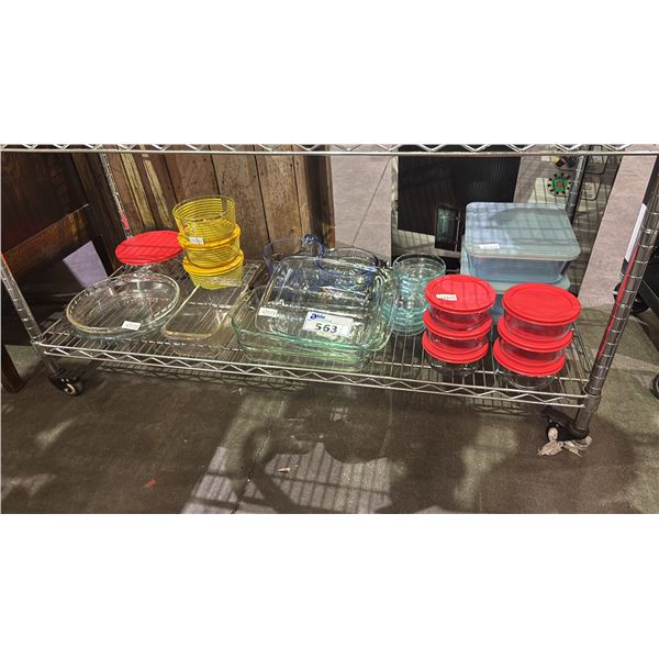 SHELF OF ASSORTED PYREX DISHES (A FEW ARE NOT PYREX)