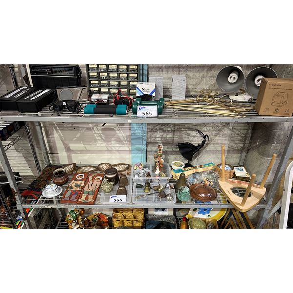 SHELF OF ASSORTED HOME DECOR ITEMS - BELLS, WALL DECOR, & MORE