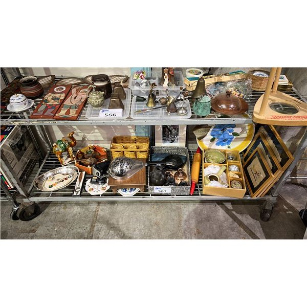 SHELF OF ASSORTED HOME DECOR ITEMS - WALL ART, CANDLEHOLDERS, WOVEN BASKET & MORE