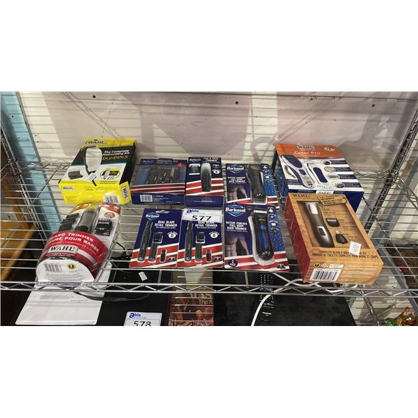 SHELF LOT OF ASSORTED ELECTRIC RAZORS & TRIMMERS IN SEALED PACKAGES