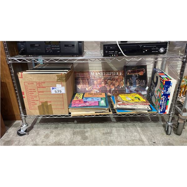SHELF OF ASSORTED BOARD GAMES & VINTAGE RECORDS