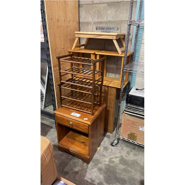ASSORTED WOODEN FURNITURE - SIDE TABLE, SMALL STORAGE CABINET, STOOLS & FOLDING LAP DESK