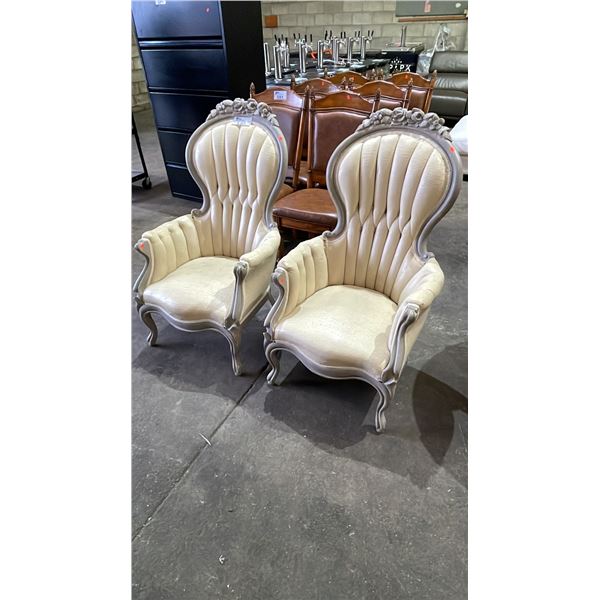 PAIR OF MATCHING VINTAGE UPHOLSTERED FLORAL MOTIF WINGBACK ARMCHAIRS