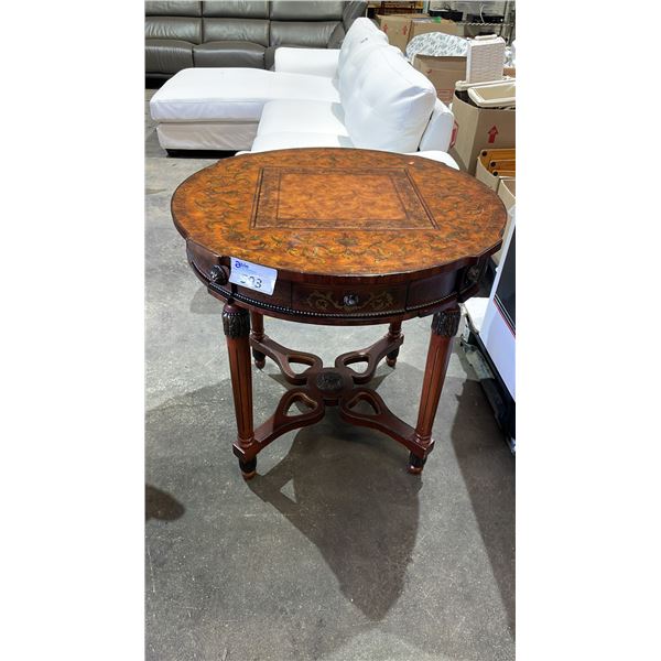 ROUND WOODEN CHESS & BACKGAMMON TABLE WITH DRAWER FOR PIECES *NO PIECES* - 33" DIA.