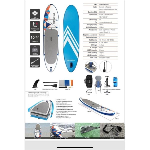 KOMODO INFLATABLE STAND UP PADDLE BOARD *NEW IN BOX*