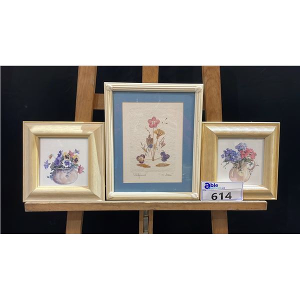 FRAMED 11" X 9" PRESSED FLOWERS & 2 FLORAL 7.5" X 7.5" PRINTS