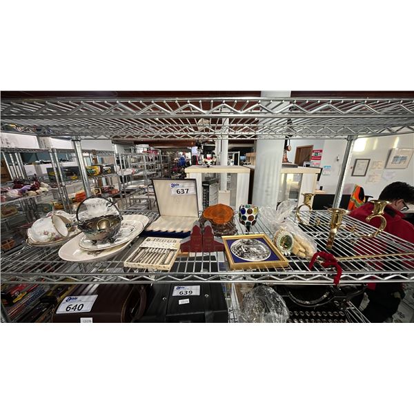 SHELF OF ASSORTED VINTAGE HOME GOODS: TEACUPS, SAUCERS, NUT CRACKER SET, DECORATIVE ITEMS & MORE