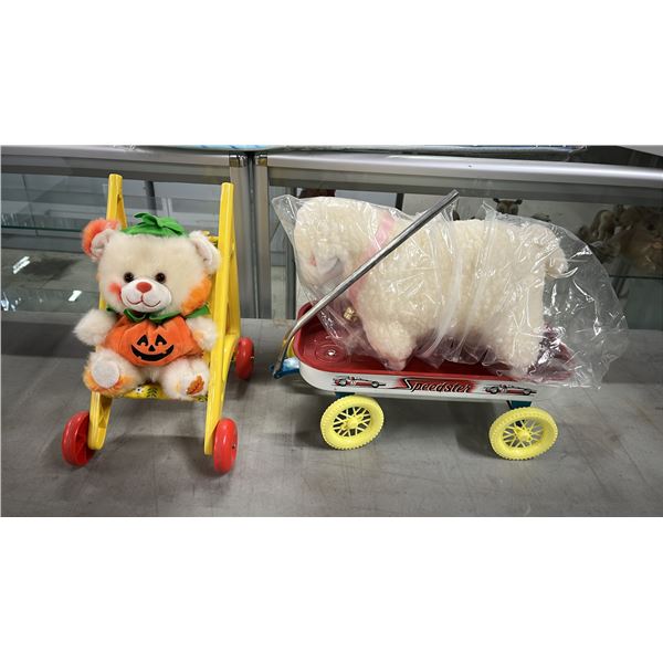BOX CONTAINING DOLL CARRIAGE, DOLL WAGON, STUFFED SHEEP & TEDDY BEAR