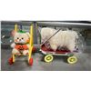 Image 1 : BOX CONTAINING DOLL CARRIAGE, DOLL WAGON, STUFFED SHEEP & TEDDY BEAR
