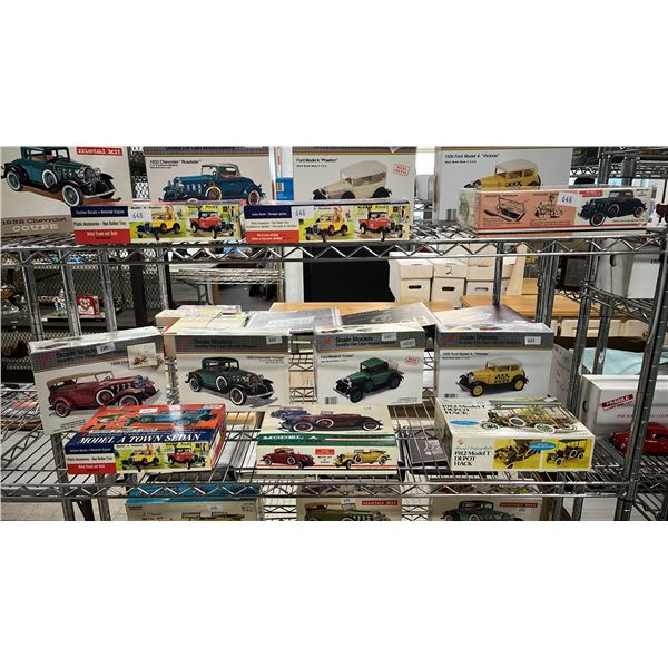 SHELF OF ASSORTED CAR MODEL KITS - 2 ARE SEALED