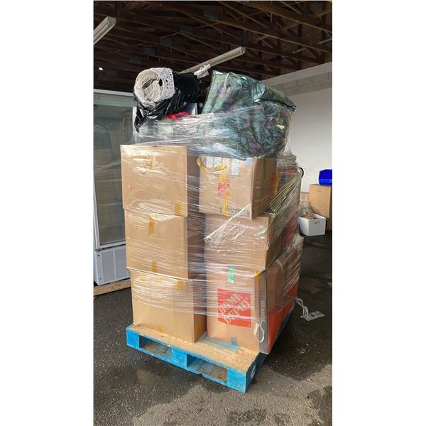 PALLET OF ASSORTED STORAGE LOCKER CONTENTS INCLUDING; STUFFED BEAR, CHRISTMAS DECOR, CLOTHING &
