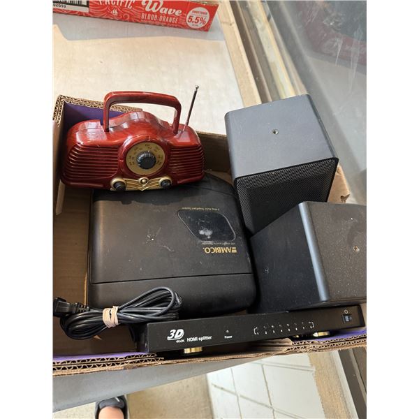 Electronics, VHS video cassette rewind radio speakers and HDMI split