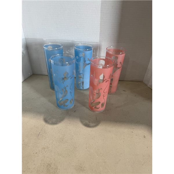 Vintage highball, glasses, blue, and pink