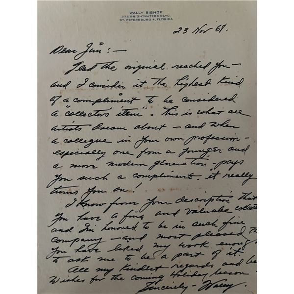 Artist Wally Bishop handwritten signed letter