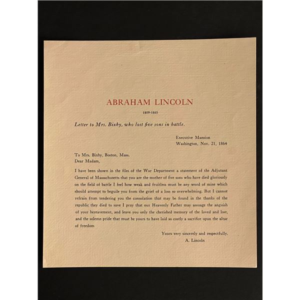 Abraham Lincoln Print of Letter to Mother Who lost 5 Sons in Battle
