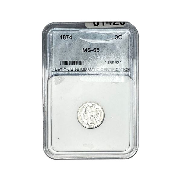 1874 Nickel Three Cent NNC MS65