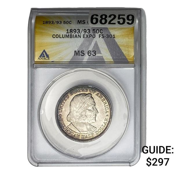1893 Columbian Expo Half Dollar ANACS MS63 FS-301