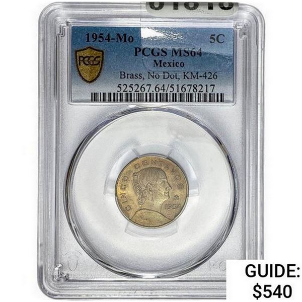 1954-Mo 5C Brass No Dot KM-426 PCGS MS64