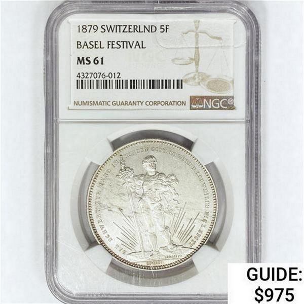 1879 Switzerland .84oz Silver 5 Francs NGC MS61