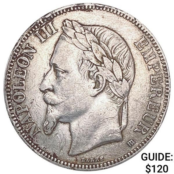 1868BB France Silver 5 Francs ABOUT UNCIRCULATED
