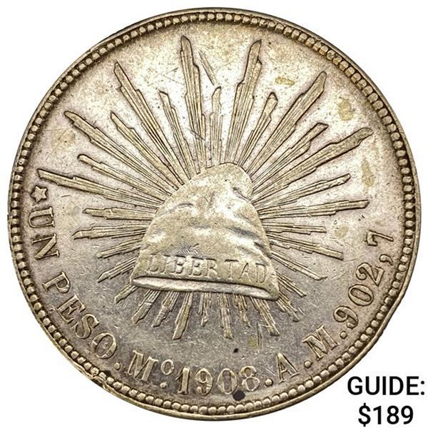 1908Mo AM Mexico Silver Peso CHOICE AU