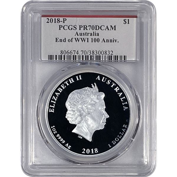 2018-P Australia 1OZ SIlver $1 100 Ann. End of WWI PCGS PR70 DCAM