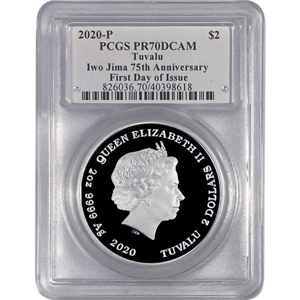 2020-P Tuvalu 2OZ SIlver $2 Iwo Jima 75th Anniv.  PR70 DCAM