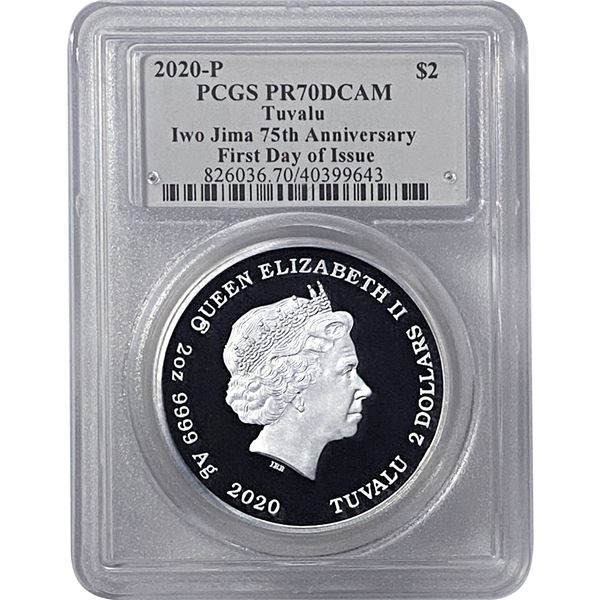 2020-P Tuvalu 2OZ SIlver $2 Iwo Jima 75th Anniv.  PR70 DCAM