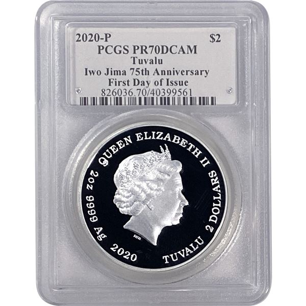 2020-P Tuvalu 2OZ SIlver $2 Iwo Jima 75th Anniv.  PR70 DCAM