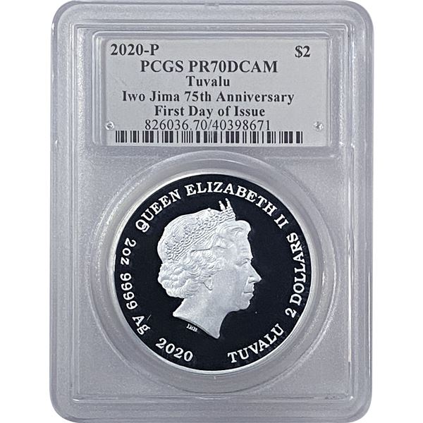2020-P Tuvalu 2OZ SIlver $2 Iwo Jima 75th Anniv.  PR70 DCAM