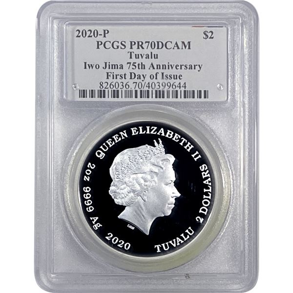 2020-P Tuvalu 2OZ SIlver $2 Iwo Jima 75th Anniv.  PR70 DCAM