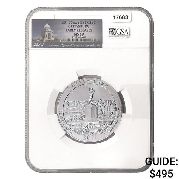 2011 5oz Silver 25c Gettysburg NGC MS69 EARLY RELEASE