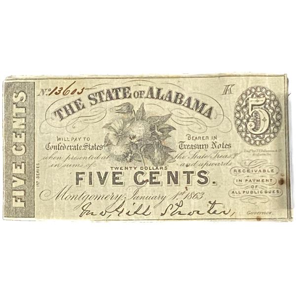 1863 5C State of AL, Montgomery Confederate