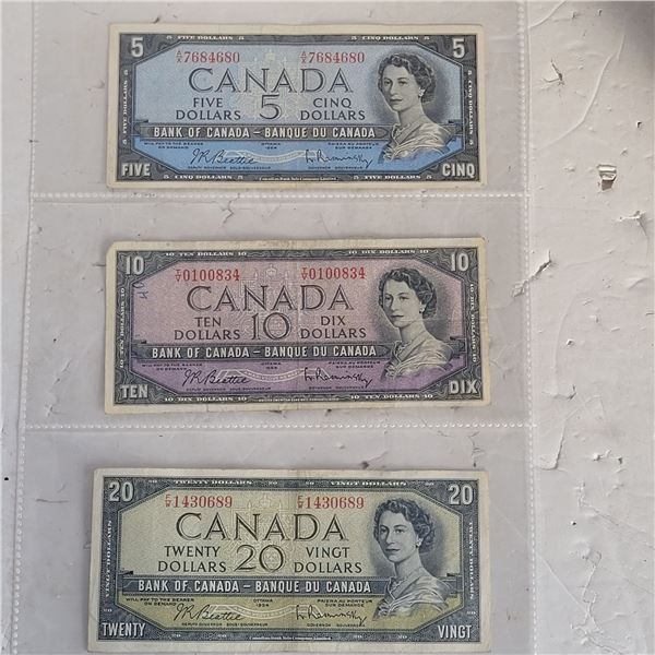 Lot of 3 1954 Bank of Canada Banknotes - $5 $10 $20