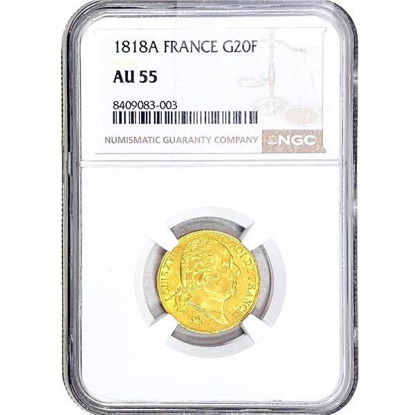 1818A France .1867 Gold 20 Francs NGC au55