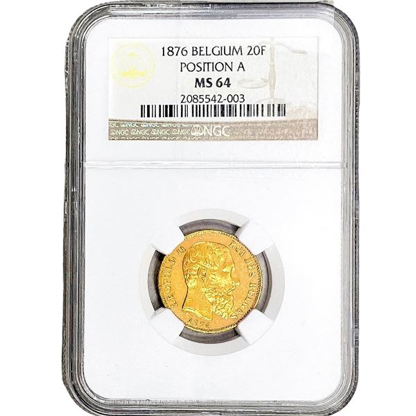 1876 Belgium .1867 OZ Gold 20 Francs NGC MS64