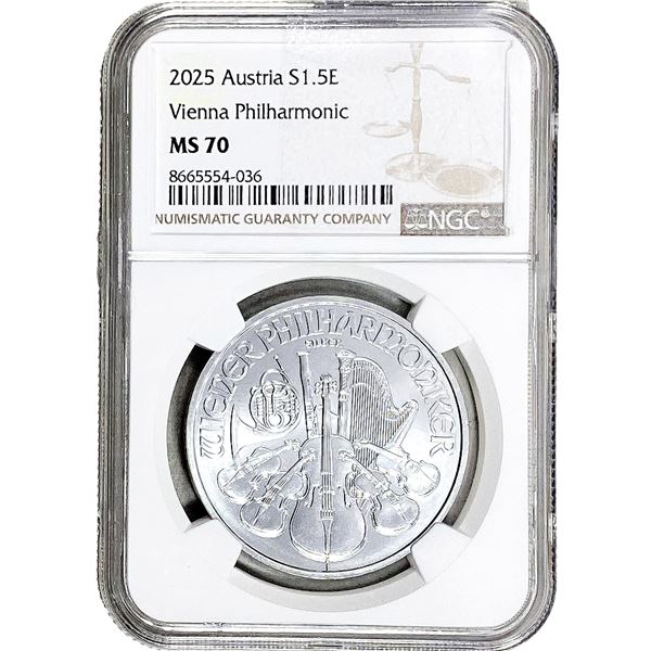 2025 Austria 1OZ SIlver 1.5 Euro Vienna Philharmon. NGC MS70