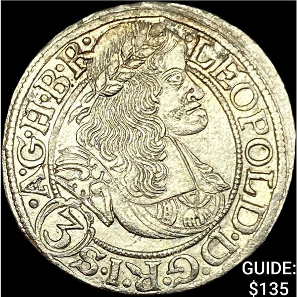1655-1705 Hungary Leopold Silver 3 Kreuzer CLOSELY UNCIRCULATED