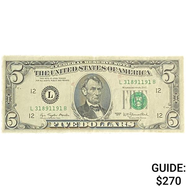 1977 $5 Federal Reserve Note Green Seal 9