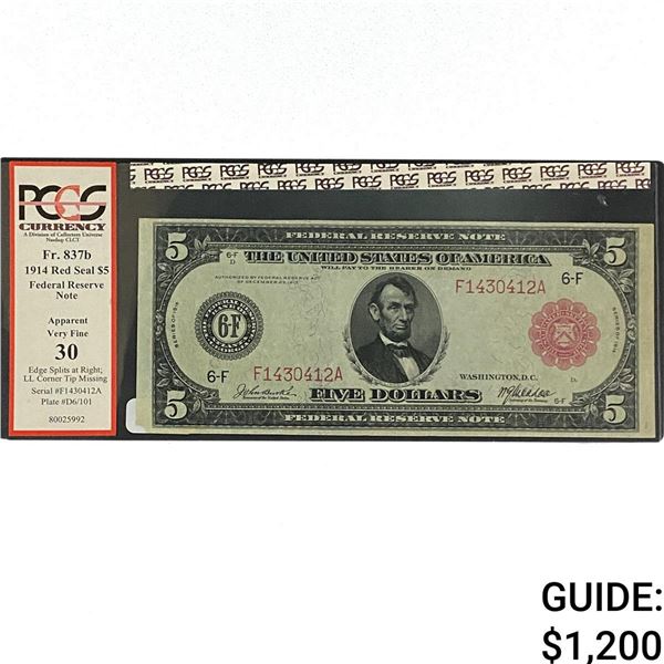 1914 $5 Federal Reserve Note Red Seal PCGS AVF 30
