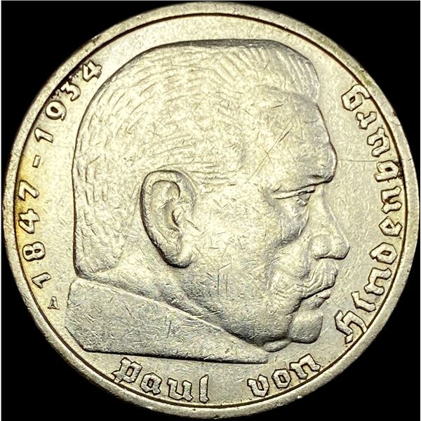 1937-A Germany Silver 5 Reichsmark CLOSELY UNCIRCULATED