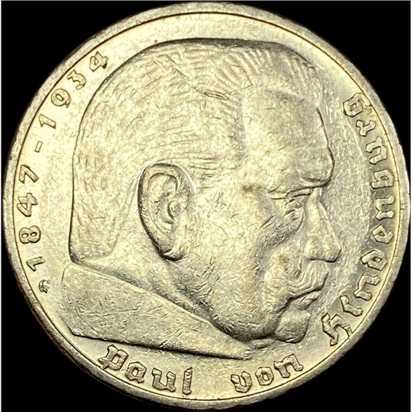 1936-G Germany Silver 5 Reichsmark CLOSELY UNCIRCULATED