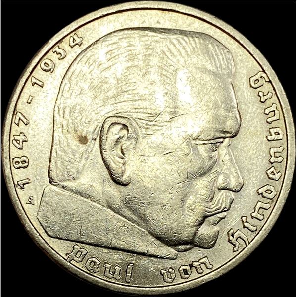 1937-A Germany Silver 5 Reichsmark CLOSELY UNCIRCULATED