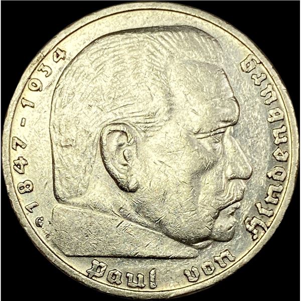 1936-G Germany Silver 5 Reichsmark CLOSELY UNCIRCULATED