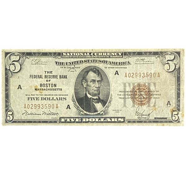 1929 $5 Federal Reserve Bank Boston, MA
