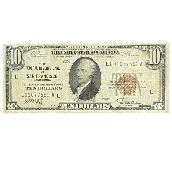 1929 $10 Federal Reserve Bank Of San Franciso