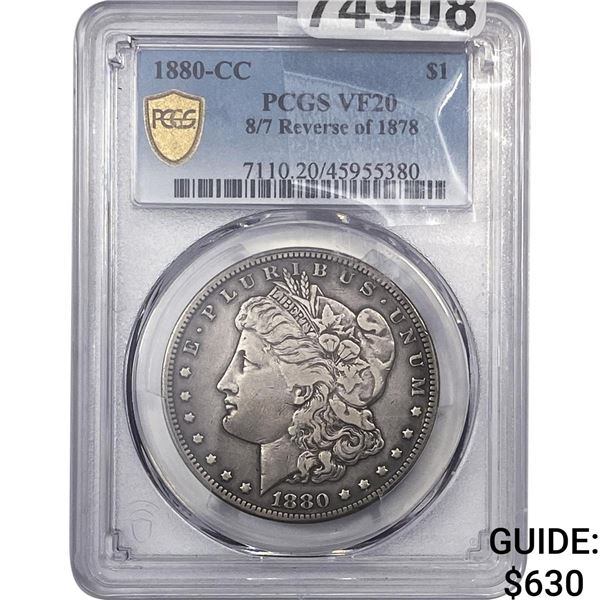 1880-CC Morgan Silver Dollar PCGS VF20 8/7 Reverse