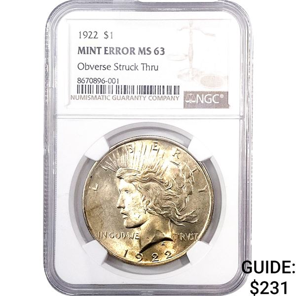1922 Morgan Silver Dollar NGC MS63 Mint Error
