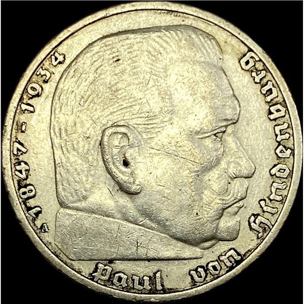1938-A Germany Silver 5 Reichsmark CLOSELY UNCIRCULATED